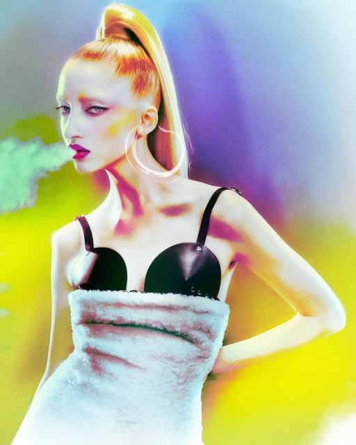 Model with blonde high ponytail, black leather bra top, and fur-lined dress in a studio setting with purple and yellow background.