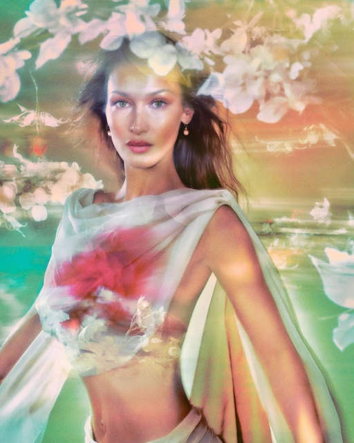 Portrait of a woman wearing a draped garment with white flowers overhead, captured with soft focus and pastel colours.