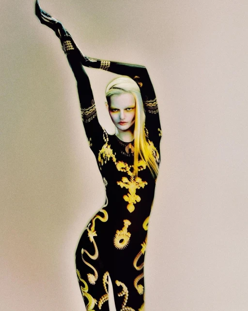 A woman with blond hair poses in a black and yellow patterned bodysuit against a neutral background, arms raised above her head.