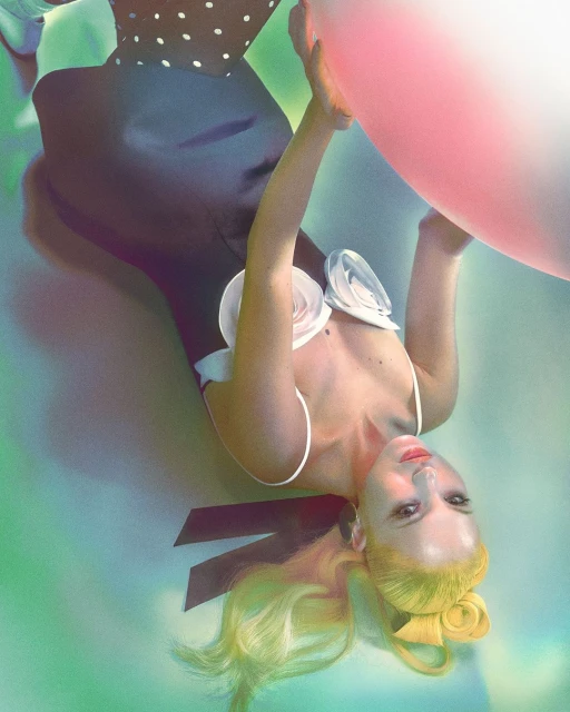 Blonde woman in black dress with roses and polka dots holding a large balloon with soft green background creating a dreamlike aesthetic.