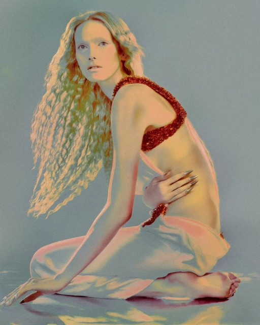 Woman with long blonde curly hair poses in front of a soft gradient background wearing a beaded top and pale skirt in a studio shot.