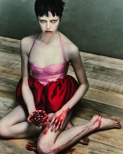 A woman in a pink and red dress sits on a wooden floor holding a pomegranate, blood-like substance smeared on her hands and legs.