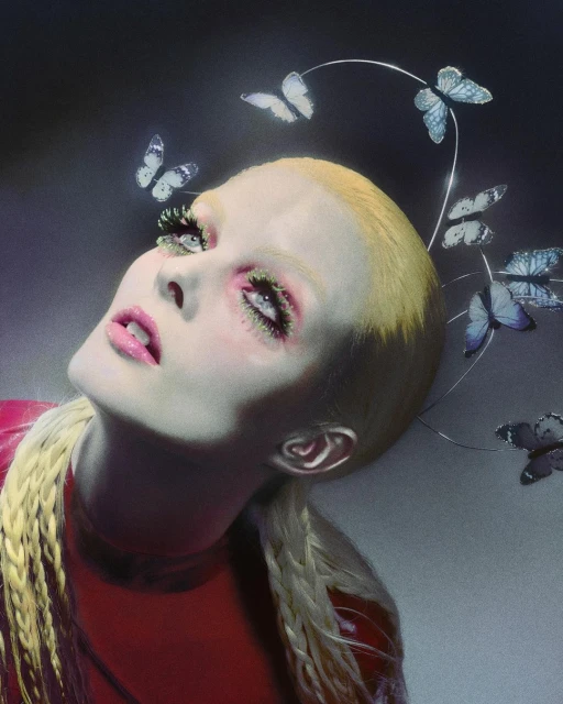 Woman with platinum blonde braids and pink makeup gazes upward surrounded by butterfly hair accessories in a fashion beauty style portrait.