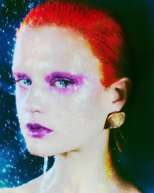 Close-up portrait of a woman with red hair and artistic purple makeup, posing against a dark, out-of-focus background.