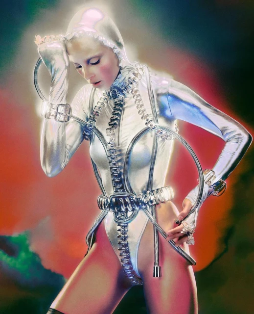 Woman in futuristic silver hooded bodysuit with decorative piping and embellishments poses with hands on hip in a studio setting.