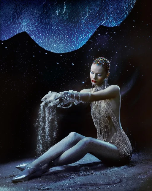Woman in glittering bodysuit sits holding shimmering powder against a backdrop of swirling blue lights, shot in a photo studio.