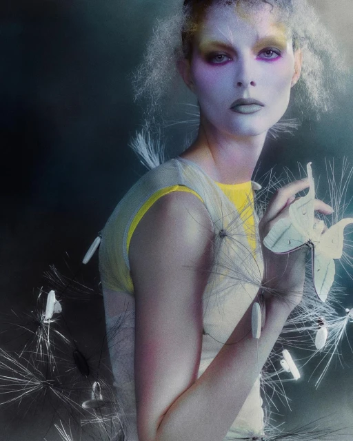 Surreal fashion portrait of a woman with creative makeup, a sheer top, and floating seed-like objects against a dark, moody backdrop.