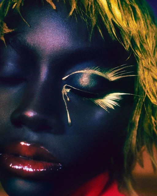 Close-up studio shot of a woman with gold hair and makeup featuring dramatic gold eyelashes and tears, set against a dark background.