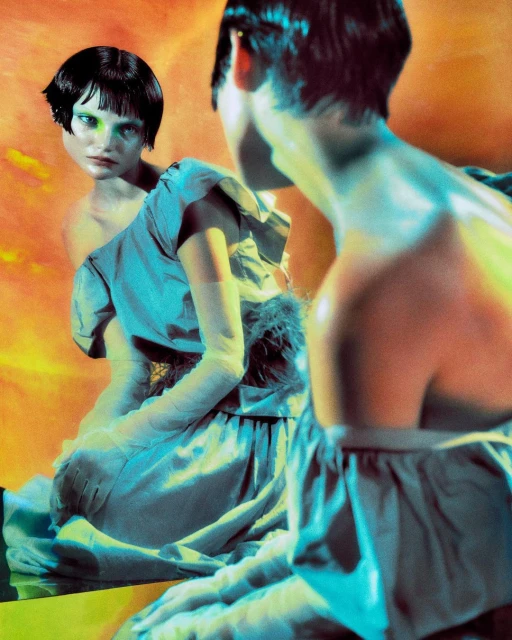 Woman reflected in a shiny surface, wearing an off-the-shoulder dress and long gloves against an orange, yellow, and blue background.