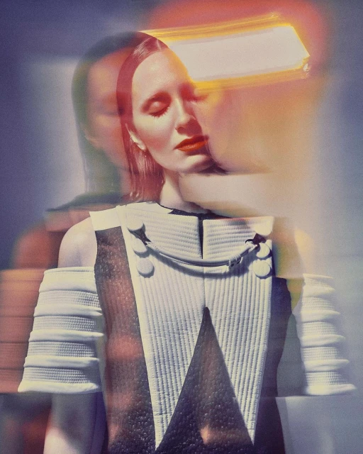 Woman with closed eyes in patterned dress, blurred motion effect and soft lighting in a blurred-motion fashion portrait.