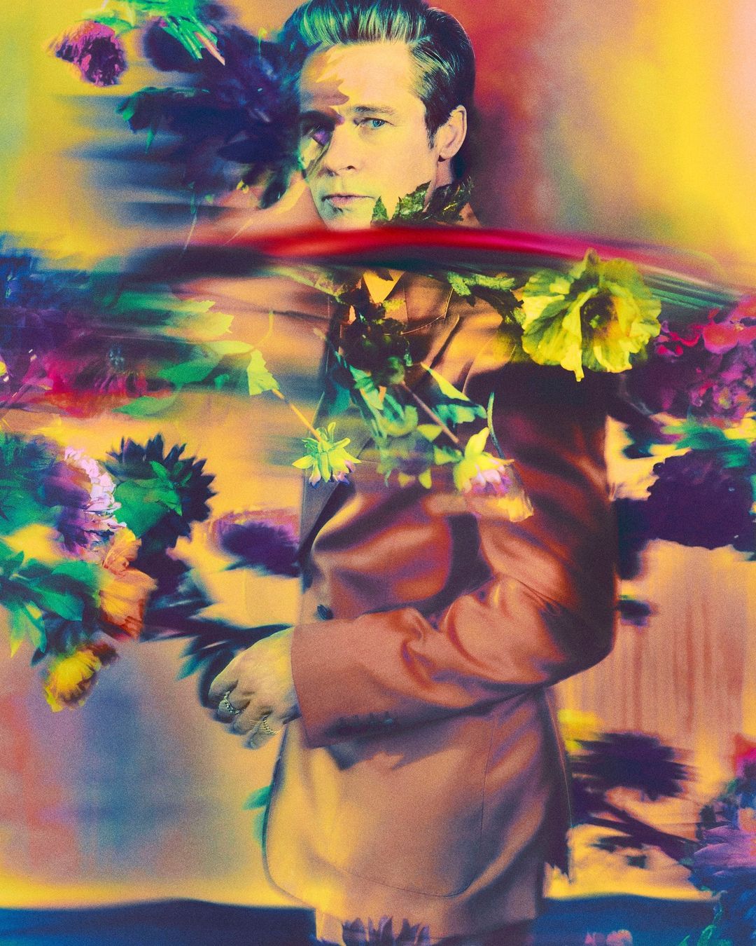 Artistic portrait of a man in a suit surrounded by flowers and colorful abstract patterns in a painterly and textured composition.