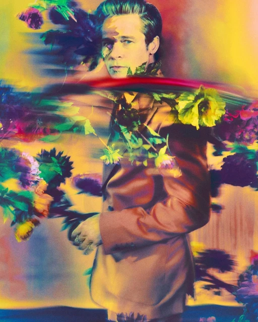 Artistic portrait of a man in a suit surrounded by flowers and colorful abstract patterns in a painterly and textured composition.