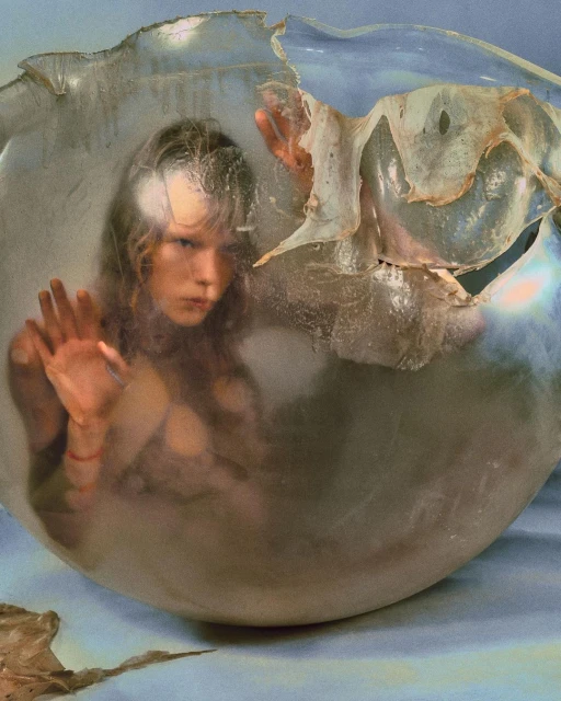 Woman poses inside a transparent orb with a cracked surface, creating a surreal and reflective portrait with diffused light.