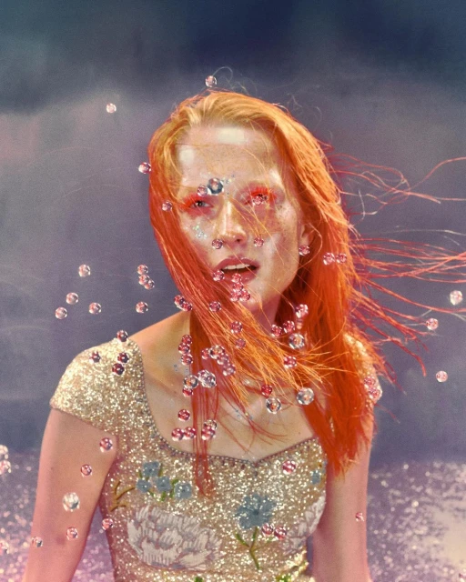 A woman with red hair wearing a sequined top is surrounded by floating gems against a textured backdrop in a fashion photography style.