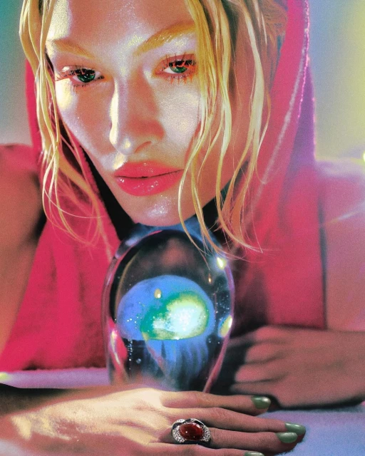 Close-up shot of a fair-skinned adult female model with blonde hair, pink hooded sweatshirt, and large ring holding a glass orb.