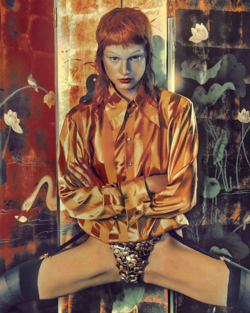 Woman with copper-red hair and shiny orange shirt poses with hands folded in front of a decorated folding screen with floral motifs.