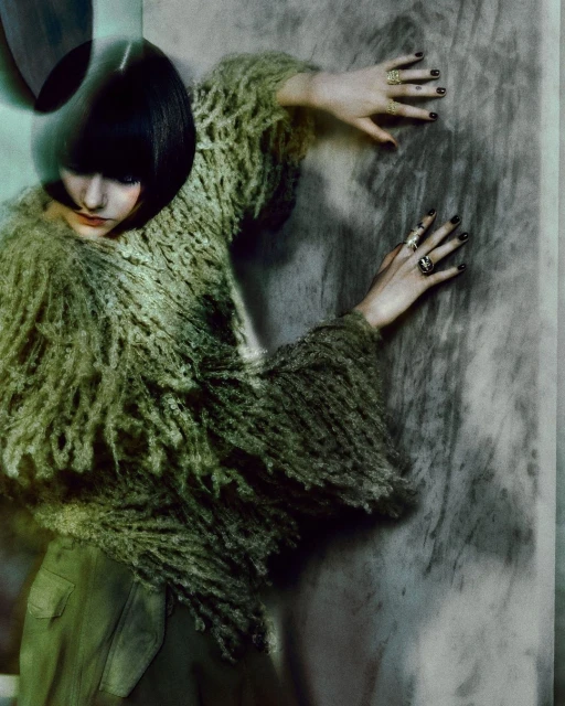 Fashion photo of a woman in a fringed top and green pants leaning against a mottled wall, showcasing unique textures and a moody aesthetic.
