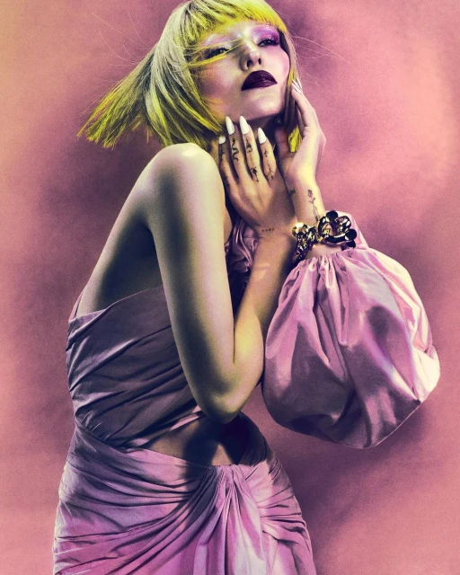 Woman with yellow hair, heavy makeup, and pink gown poses against pink backdrop with hands near face, wearing large gold bracelet.