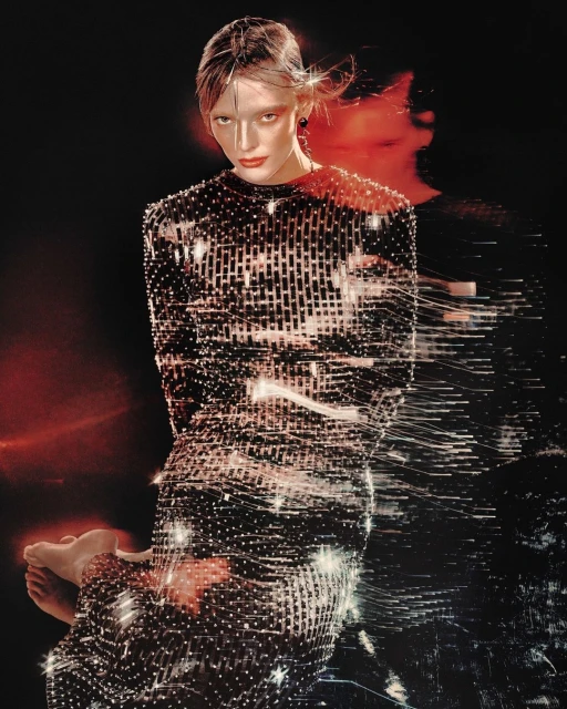 A fashionable woman with red lipstick and fair skin poses in a shiny, beaded long-sleeve dress against a dark background in a studio.