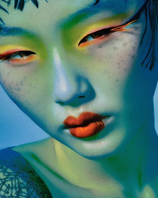 Close-up of a model with dramatic makeup, including bright red lips, colored eyeshadow, and geometric eyeliner, posing against a blue background.