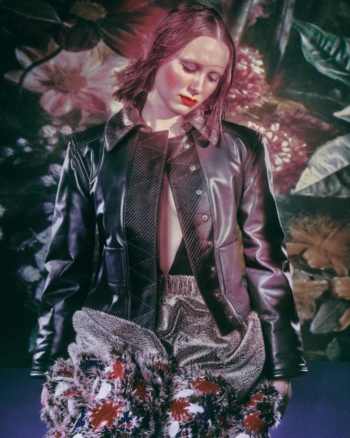 A stylish woman wearing a black jacket and patterned skirt stands against a floral backdrop in a fashion or editorial setting.