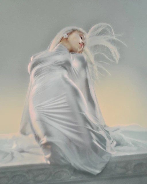 Elegant woman in draped white fabric and flowing hair strikes a graceful pose in a serene, ethereal setting with soft lighting.