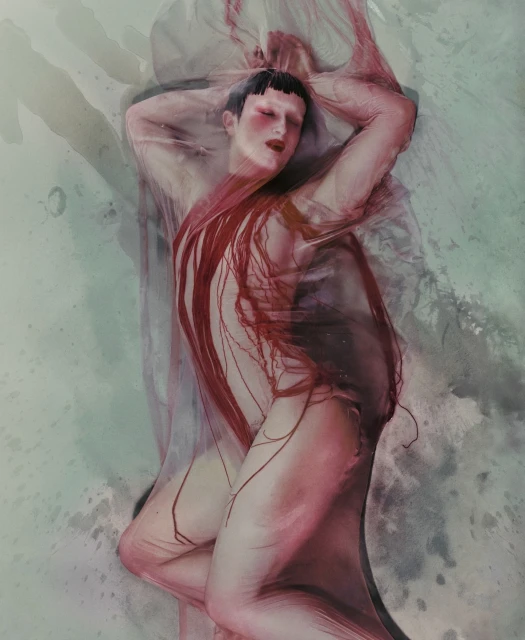 Artistic nude portrait of a fair-skinned adult woman with short dark hair, covered in a translucent material and red dripping paint.