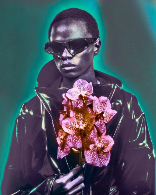 Portrait of Black male model in sunglasses and black coat holding pink orchid flowers against teal background in studio lighting.