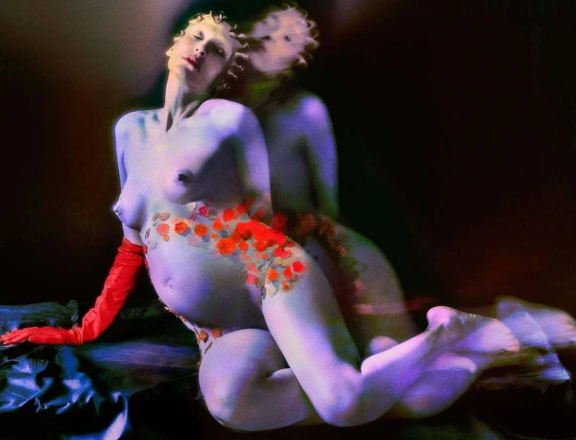 Striking image of a nude, fair-skinned pregnant woman adorned with red flowers, posing on a draped surface against a dark background.