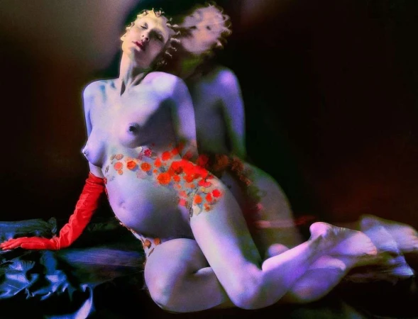 Striking image of a nude, fair-skinned pregnant woman adorned with red flowers, posing on a draped surface against a dark background.