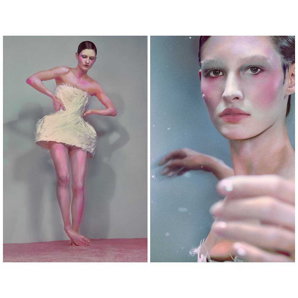 A woman in a cream-colored dress poses in a photo studio next to a close-up of her face with stylized makeup and pink blush.