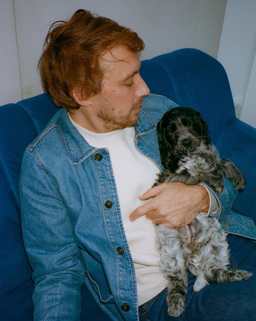 Man sitting on a blue couch holding a dog in his arms, wearing a denim jacket and jeans, indoor setting, medium shot.