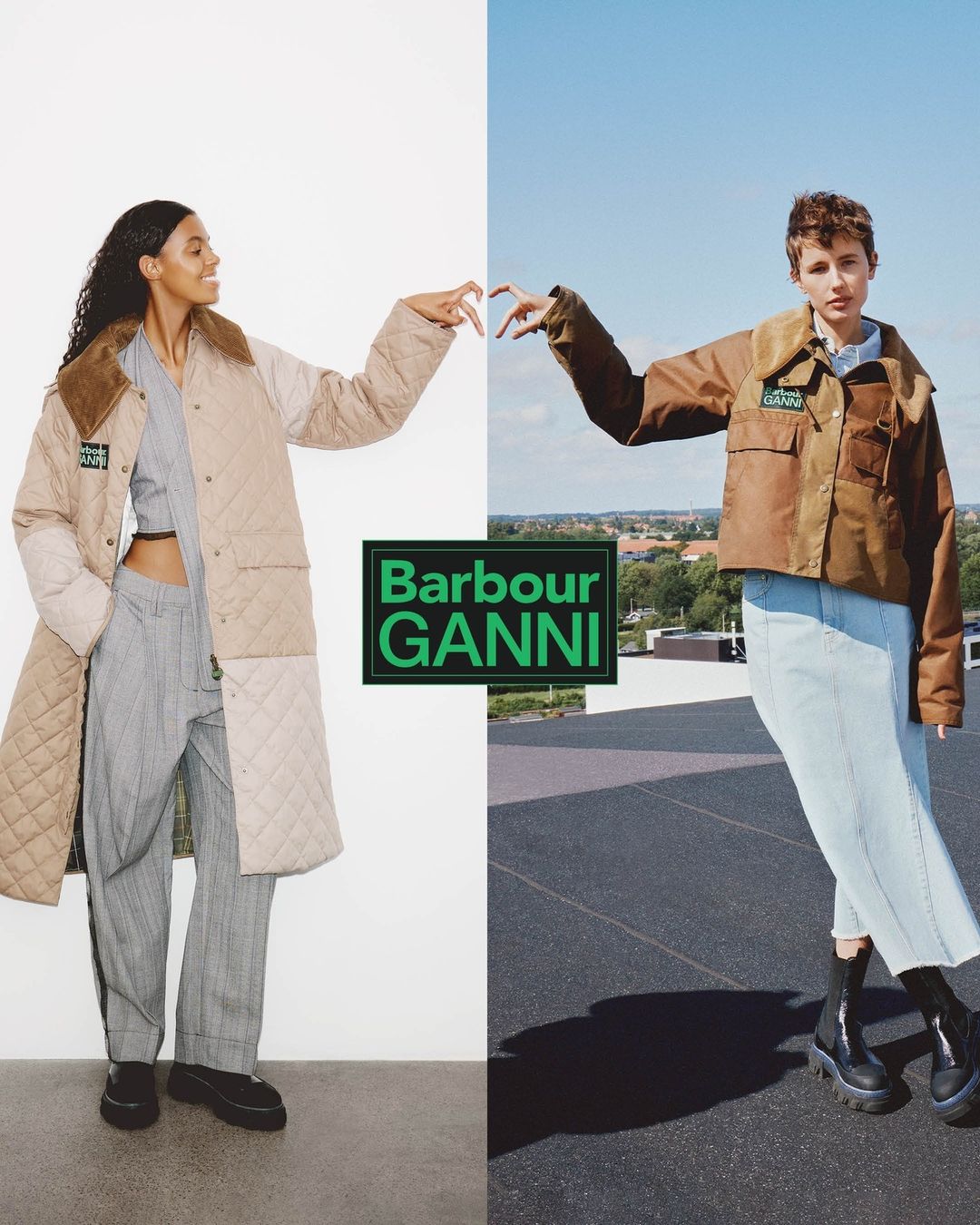 Two models showcase Barbour Ganni apparel against a split indoor/outdoor backdrop, highlighting a quilted coat and jacket.