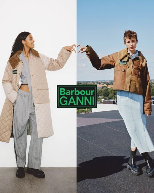 Two models showcase Barbour Ganni apparel against a split indoor/outdoor backdrop, highlighting a quilted coat and jacket.