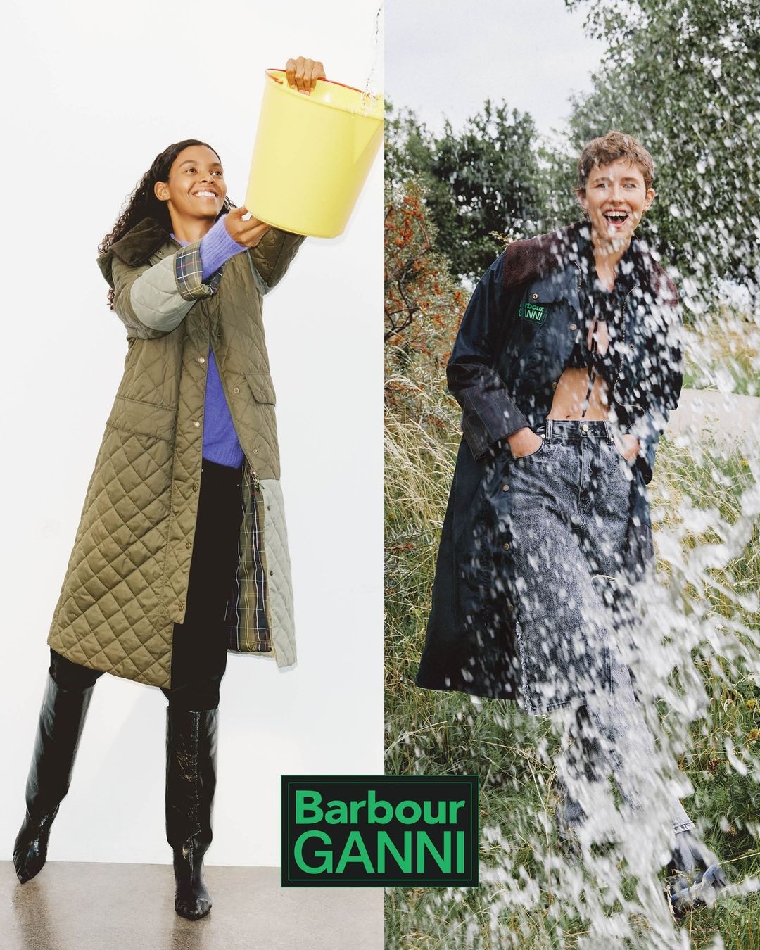 Two fashion models pose in split-screen: one pours water from a bucket, the other stands in a field of water wearing designer clothes.