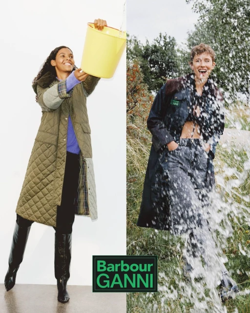 Two fashion models pose in split-screen: one pours water from a bucket, the other stands in a field of water wearing designer clothes.
