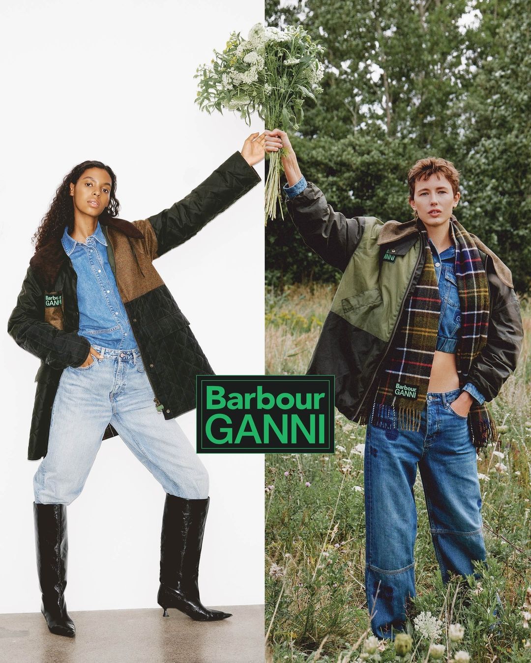Two fashion models showcase Barbour Ganni outerwear and denim in a split outdoor-indoor setting, highlighting the collection's style and versatility.
