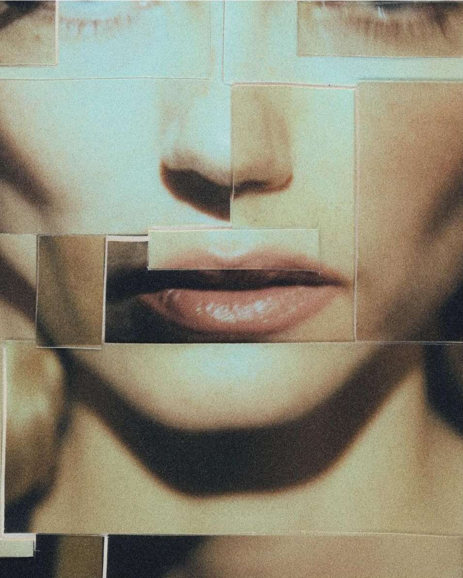 Collage portrait of a woman's face in shades of beige and light blue, featuring eyes, nose, and mouth sections arranged in a geometric pattern.