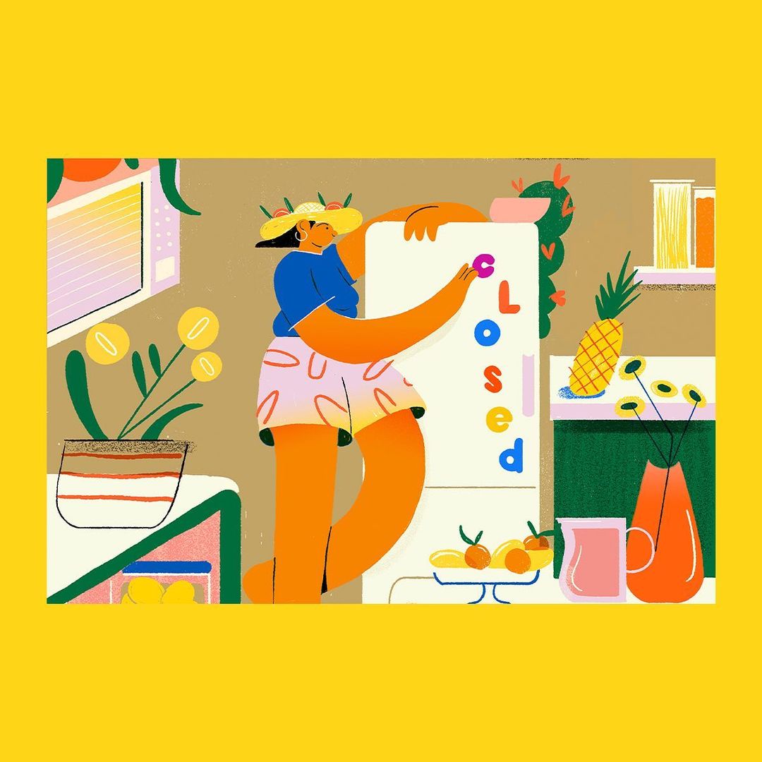 Illustration of a woman in a kitchen putting magnet letters on a white refrigerator next to fruit, a pineapple, and potted plants.