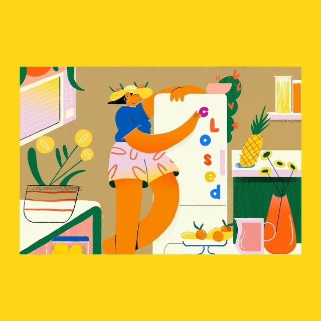 Illustration of a woman in a kitchen putting magnet letters on a white refrigerator next to fruit, a pineapple, and potted plants.