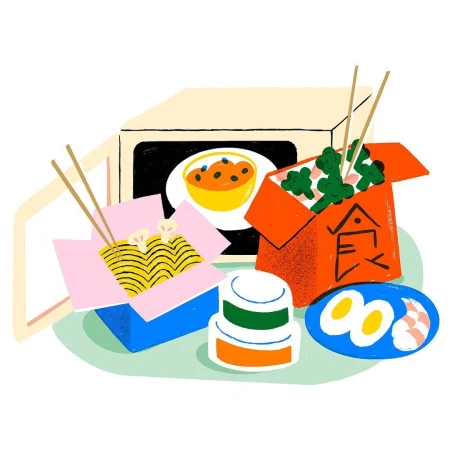 Whimsical illustration of a variety of take-out food containers, including noodle boxes, egg and shrimp plate, bean dish, with soft, flat lighting.