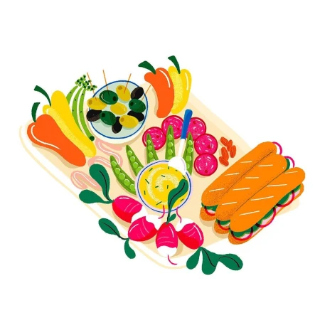 Illustration of a food platter with sandwiches, olives, peppers, radishes, and a dip, presented in a colorful and playful style.