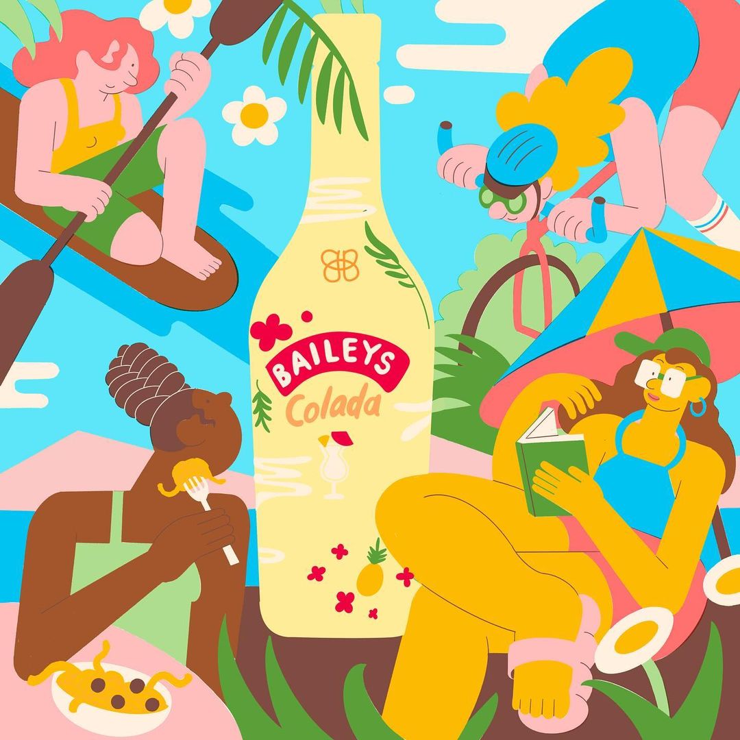Illustrated summertime scene with four figures enjoying activities around a bottle of Baileys Colada liqueur.