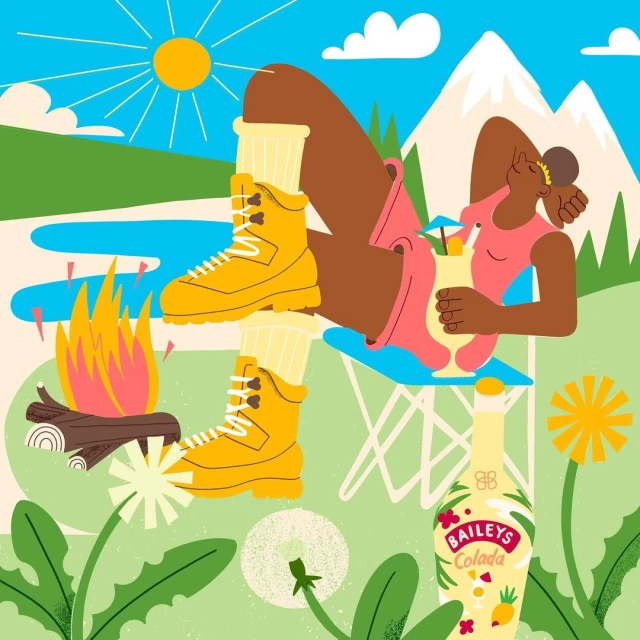 Illustration of a woman relaxing outdoors with mountains, a lake, and a campfire, wearing hiking boots and holding a cocktail.
