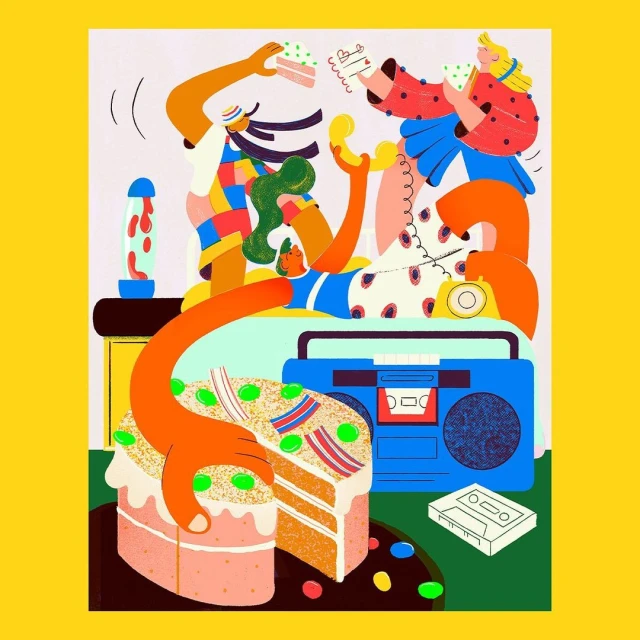 Illustration of four people at a party with cake, a retro boombox, lava lamp, and cassette tape on a yellow background.