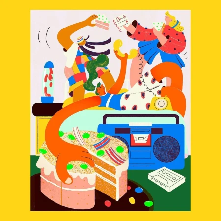 Illustration of four people at a party with cake, a retro boombox, lava lamp, and cassette tape on a yellow background.