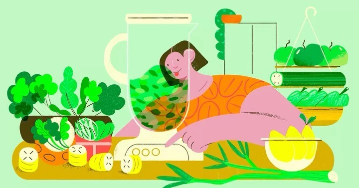 Illustration of a person blending a green smoothie with fresh produce, including lemons, greens, and bananas, on a light green background.