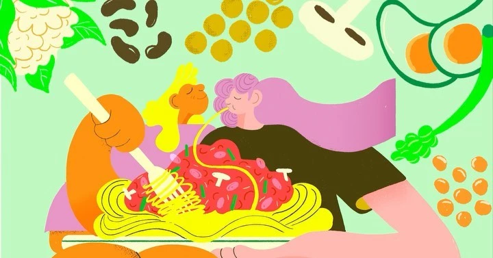 Colorful illustration of two cartoon people sharing pasta with various produce around them, including mushrooms, beans and cauliflower.