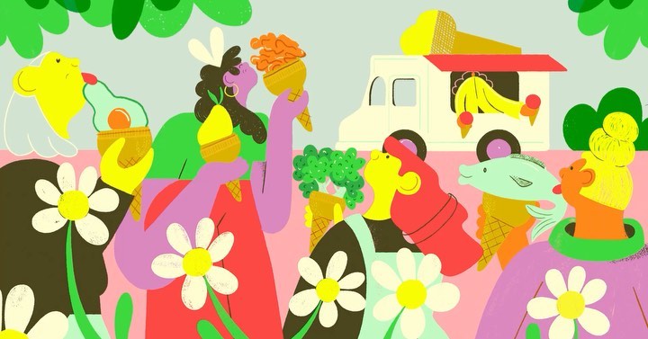 Colorful illustration of people holding fruit-shaped ice cream cones, set against a daisy field and an ice cream truck backdrop.