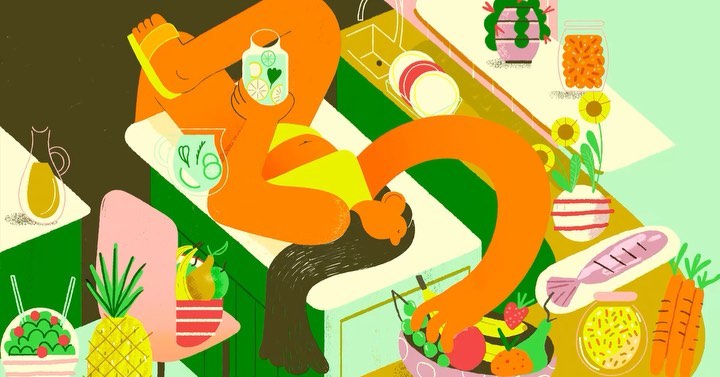 Whimsical art illustration of a woman preparing food in a kitchen with various fruits, vegetables, and potted plants in bright colors.
